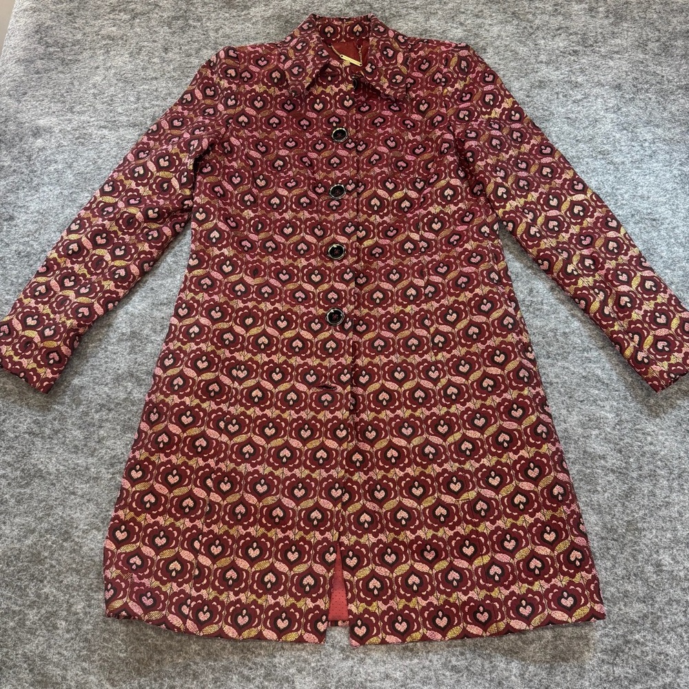 Trina Turk Heart Patterned Tapestry Boa Long-Sleeve Front Button Up Coat